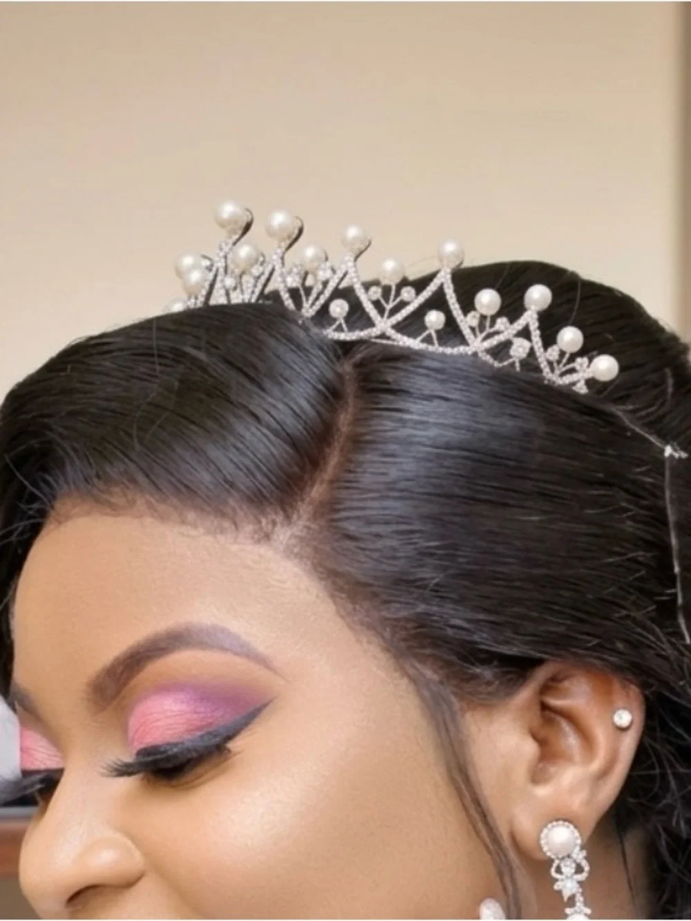 Pearl and Crystal Tiara Hair Crown - Silver Tone